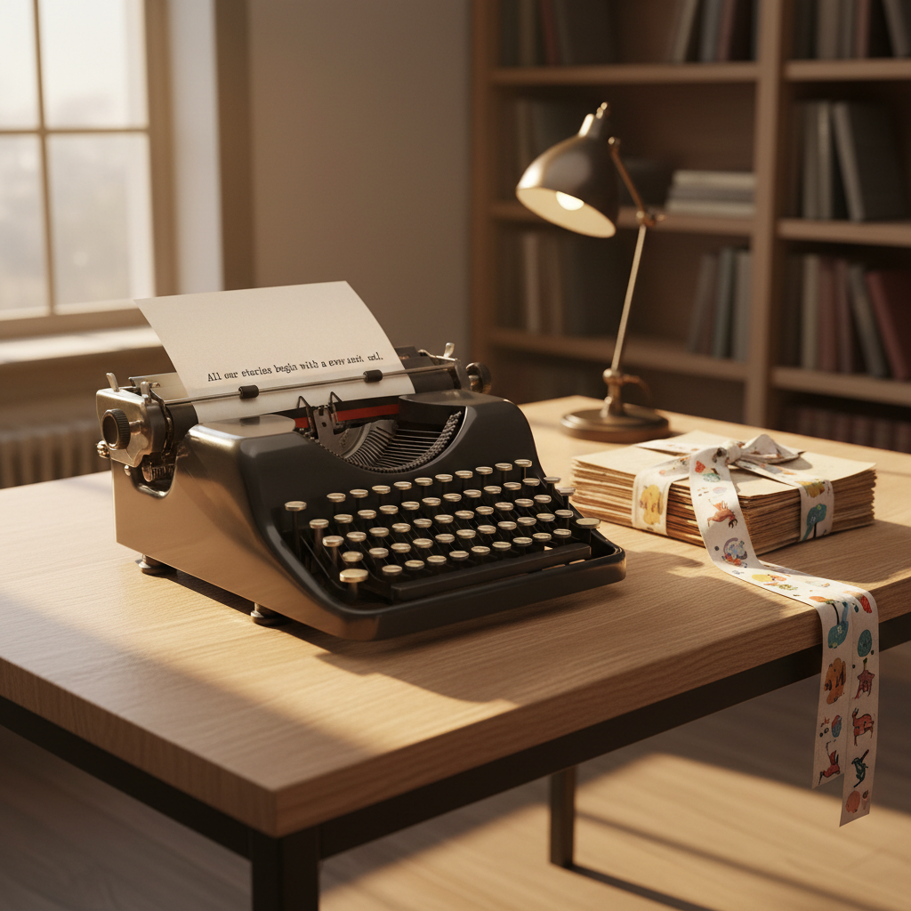 A polished vintage typewriter in deep charcoal metal with round ivory keys, positioned centrally on a neat oak desk. In the carriage, a sheet of creamy paper shows a sharply focused opening line about choices and identity, while nearby, a small stack of manuscripts is banded with a ribbon printed in subtle, colorful patterns reminiscent of children’s illustrations. Golden hour light pours in from the left, catching the metallic edges of the typewriter and casting elongated, elegant shadows. A blurred background reveals floor-to-ceiling bookshelves and a single, softly glowing desk lamp. Photographic realism, rule-of-thirds composition, sophisticated yet inviting atmosphere, hinting at stories that explore both tender childhood lessons and complex adult struggles.