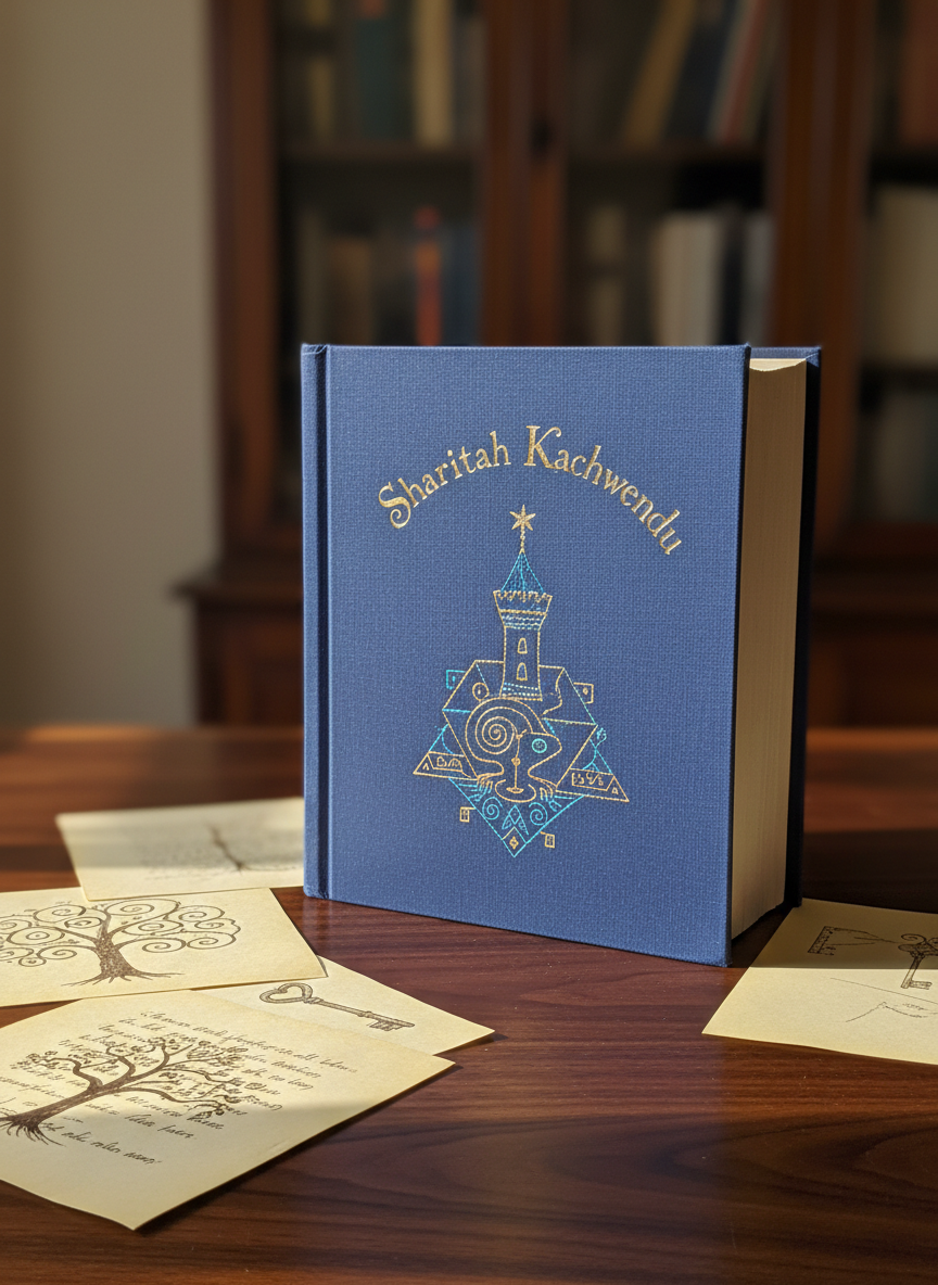 A thick, clothbound hardcover book with the embossed title “Sharitah Kachwendu” and a subtle, abstract illustration suggesting both a childlike drawing and a complex adult motif, resting open on a dark walnut writing desk. Around it, scattered pages show faint, blurred text and small, whimsical ink illustrations of trees, keys, and crossroads. Soft afternoon light from an unseen window grazes the pages, creating gentle highlights on the paper’s texture and deep, sophisticated shadows along the desk’s grain. In the background, a tall bookcase fades into a tasteful bokeh. Photographic realism, eye-level composition, shallow depth of field, calm and contemplative mood, evoking an author’s world that bridges children’s stories and adult fiction.